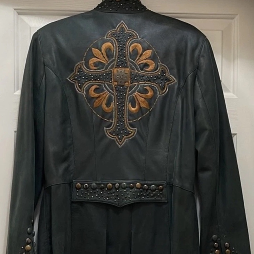 Double D Ranch Green Leather Studded Zip Duster Jacket Sz S 20th Anniversary EUC